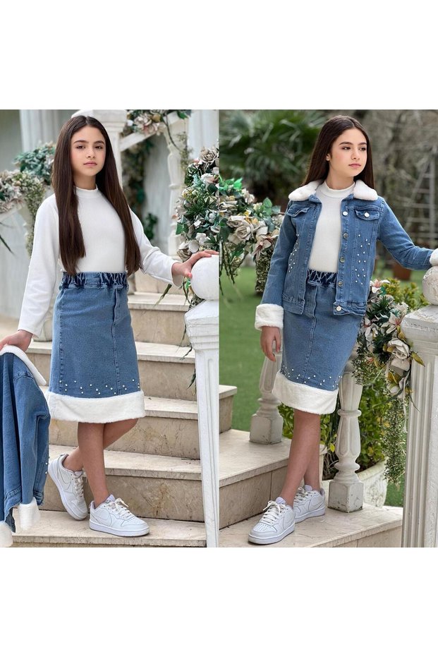 Girl's Pearl Detailed 3-Piece Denim Set - Pearl Detailed Plush Denim Jacket, Skirt and Bodysuit - Holiday Collection