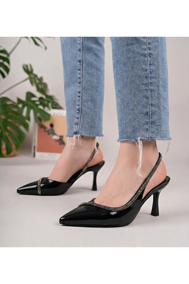 Black Patent Leather Stiletto Open Back Stone Detailed Heeled Women's Shoes 7cm