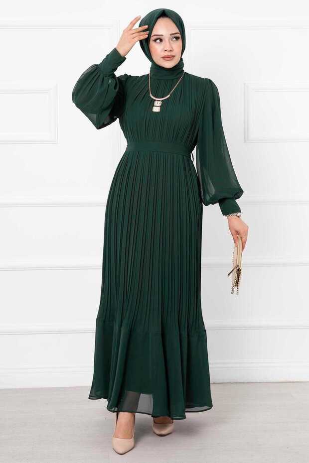 Organza Sleeves Hijab Evening Dress Emerald