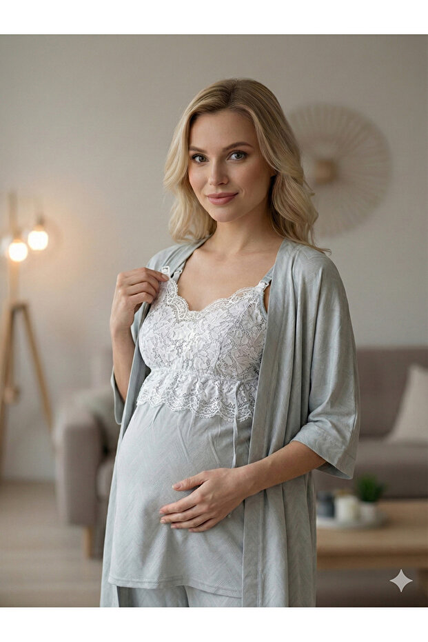 New Season Green Linen Strap Special Design Maternity Dressing Gown, Pajama Set, Set of 3