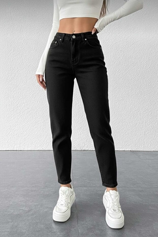 Black Lycra Mom Jean Trousers (Color Does Not Fade)