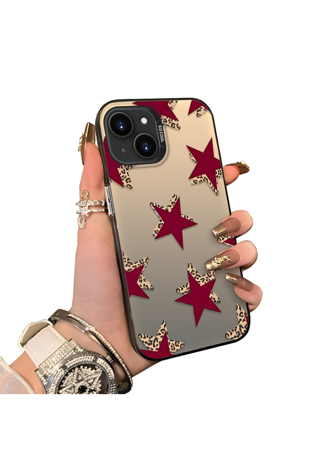 iPhone 15 Plus/14 Plus Compatible Hard Acrylic Back Silicone Edge Lens Protection Five Star Pattern Case