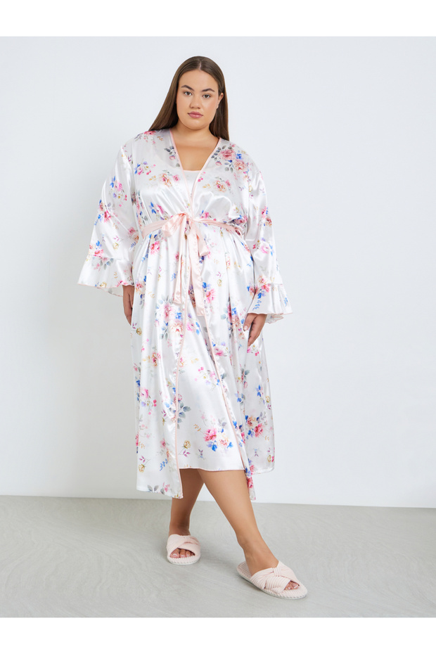 Plus Size Women Floral Print Robe and Satin Slip Dress