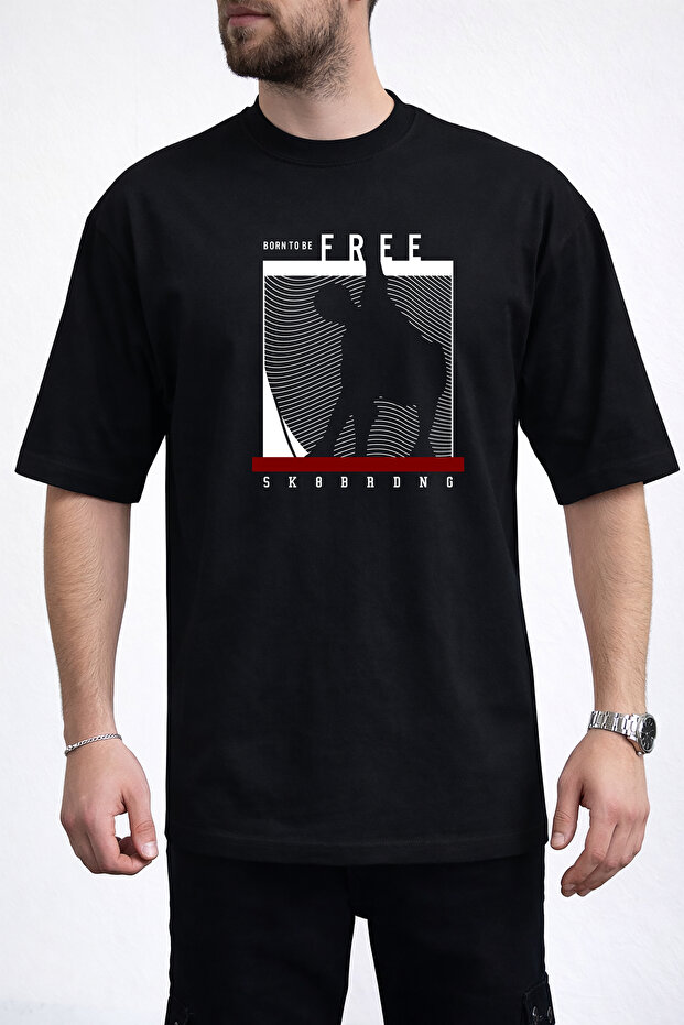 Men's Born to Be Free Text Printed Crew Neck Black T-Shirt