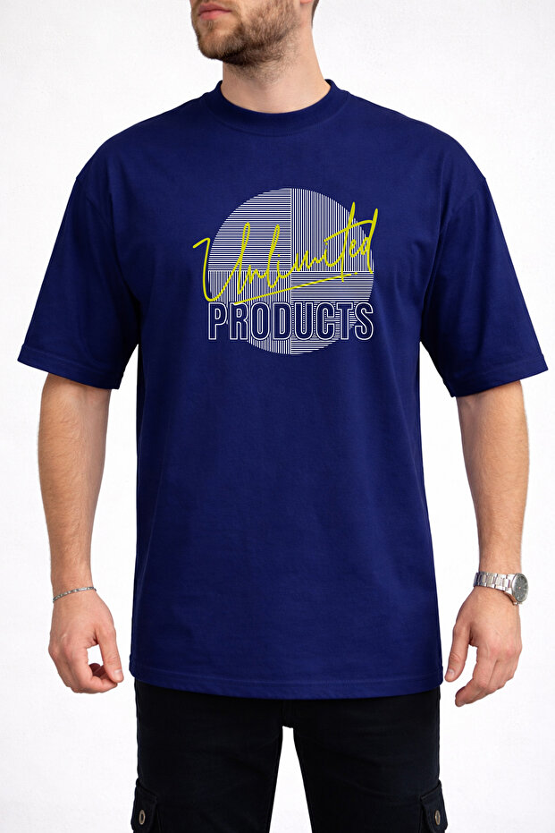 Men's Linear Line Unlimited Text Printed Crew Neck Navy Blue T-Shirt