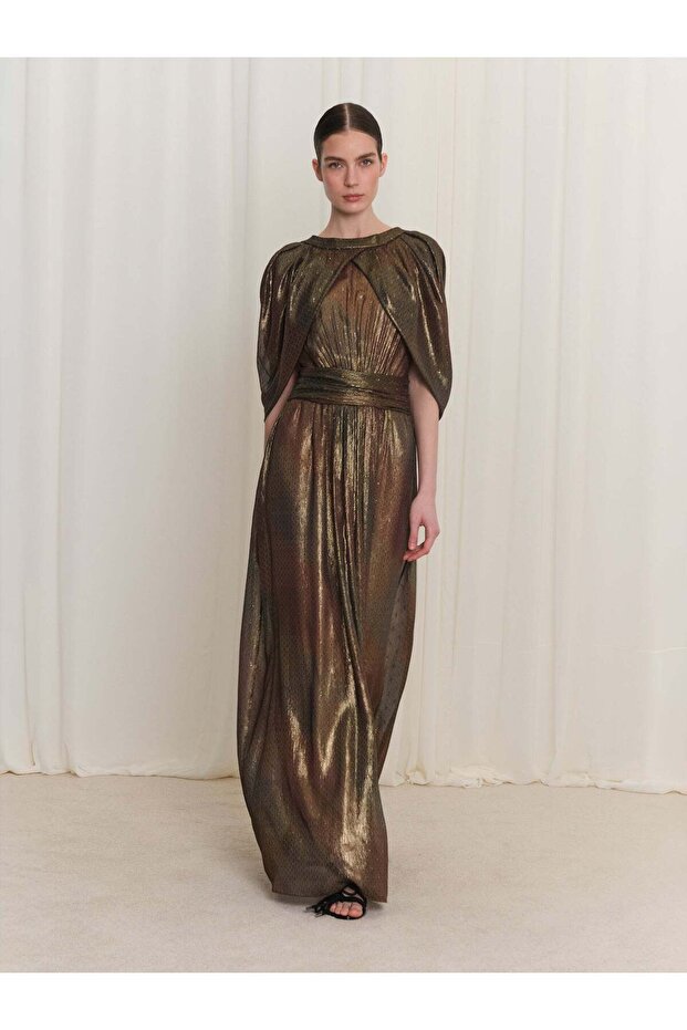 Gold Foil Patterned Long Dress