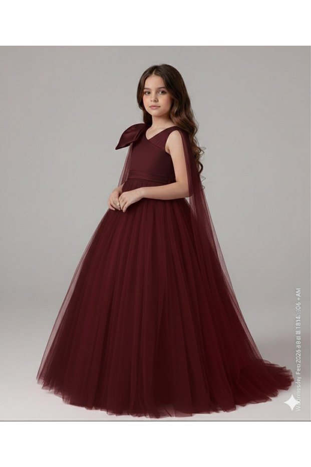 Girl's One Shoulder Bow Detail Burgundy Princess Dress, Girl's Graduation Dress