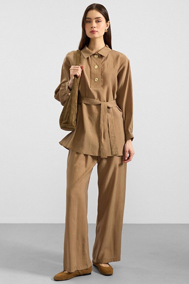 Metal Button Soft Fabric Tunic Trousers Double Set Camel 9397-Tk