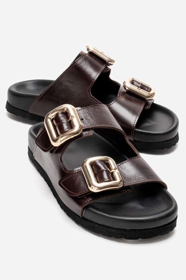 Lusino Women's Genuine Leather Slippers Brown