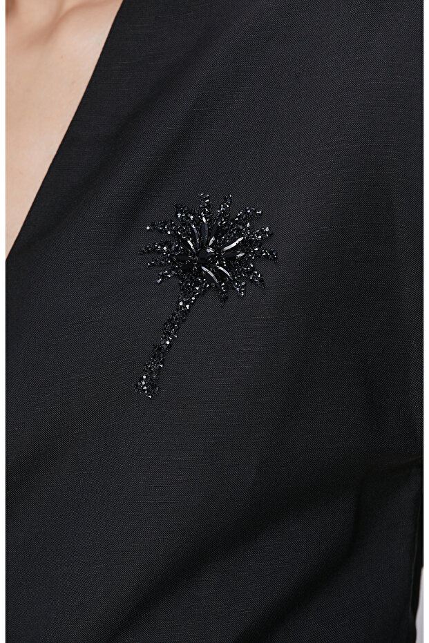 Siyah Keten Karışımlı Bluz - 6