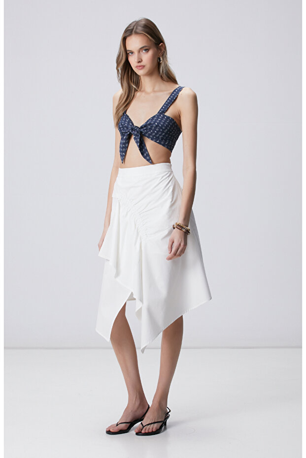 Beyaz Asimetrik Drapeli Etek - 2