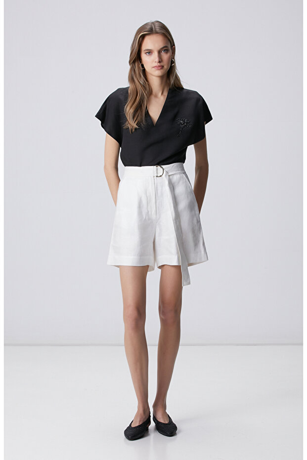 Siyah Keten Karışımlı Bluz - 3