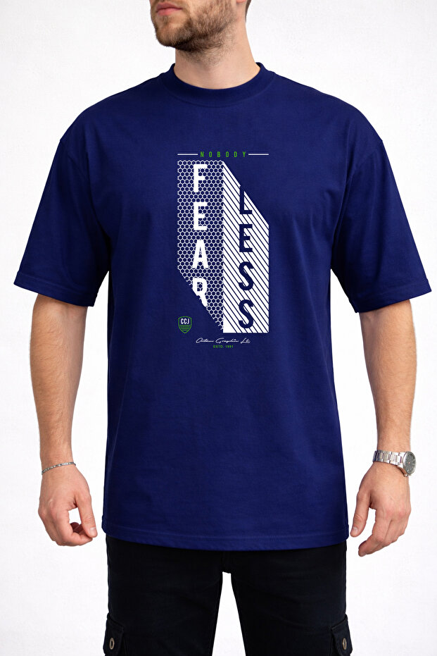 Men's Fearless Text Printed Honeycomb Textured Crew Neck Navy Blue T-Shirt