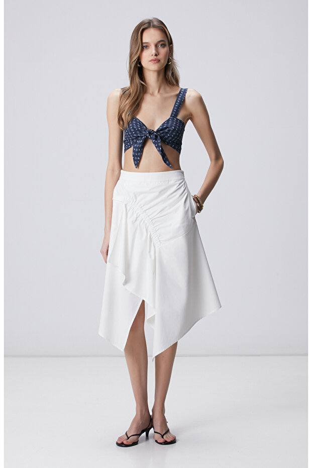 Beyaz Asimetrik Drapeli Etek - 1