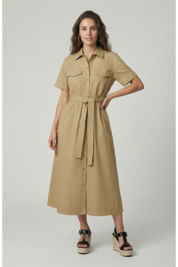 Bej Midi Elbise - 1