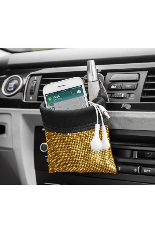 Crystal Stone Car Interior Pouch Pocket Organizer Glove Box Side Storage Organizer Pen Holder Phone Holder Gold
