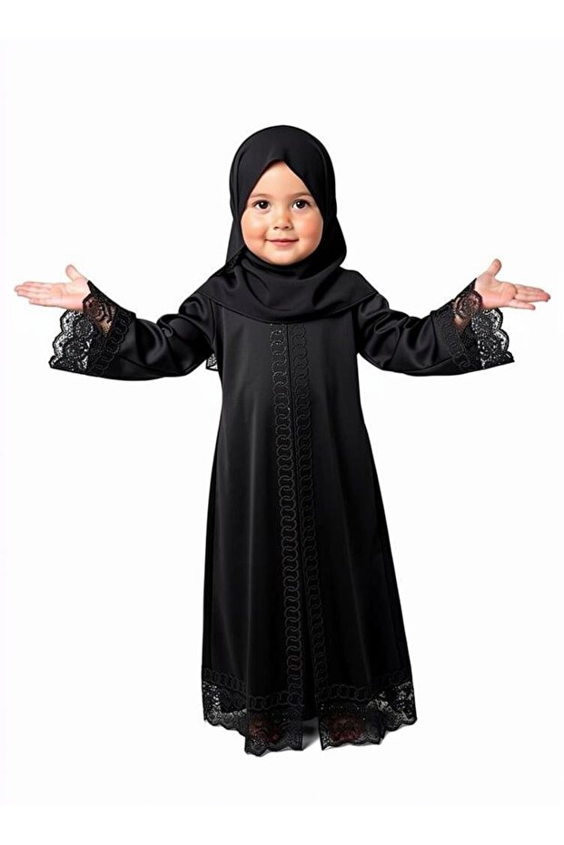 Elegant Black Abaya for Girls (5 Years) with Hijab & Belt – Ramadan & Eid Wear