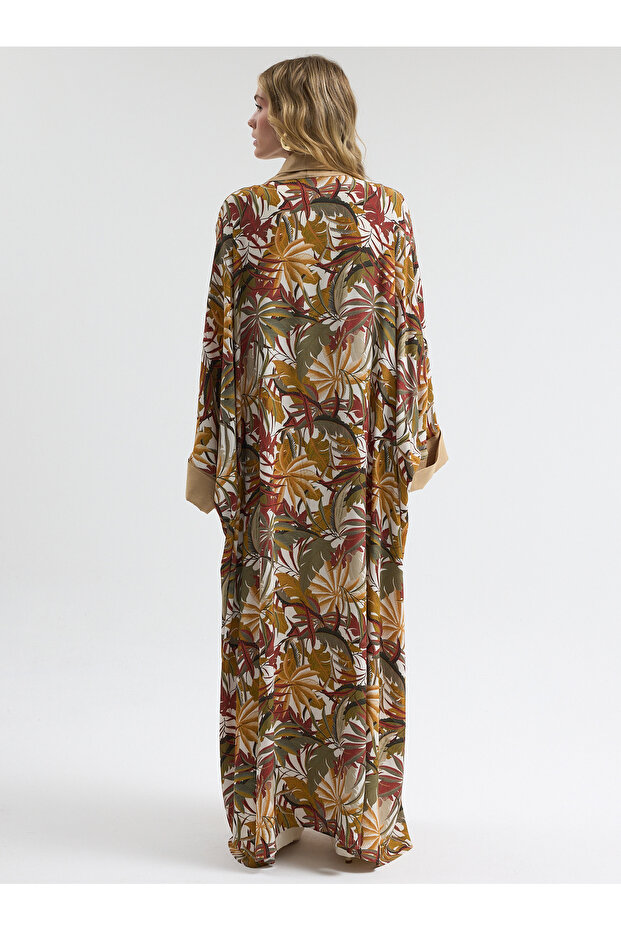 عباية بيج سادة ومرقعة بنمط أوراق الشجر - 6