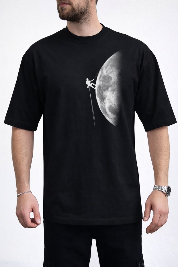 Men's Journey to the Summit: Half Moon and Mountaineer Silhouette Crew Neck Black T-Shirt