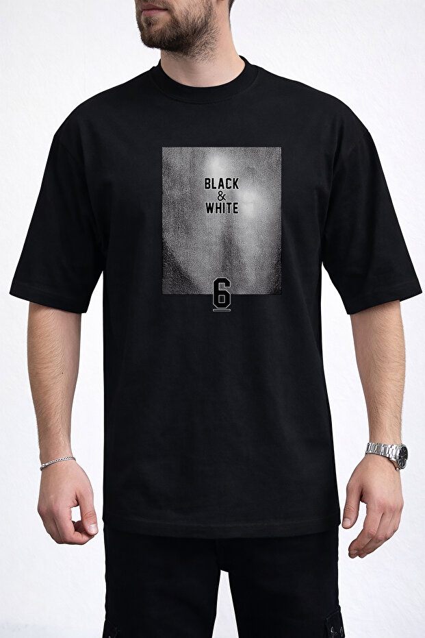 Men's Black & White Text Printed Crew Neck Black T-Shirt