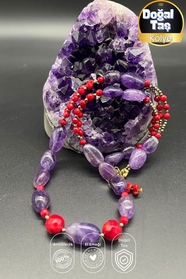 Amethyst Coral Natural Stone Necklace 50+5 cm Stylish Women's Design Necklace with Steel Extension Chain