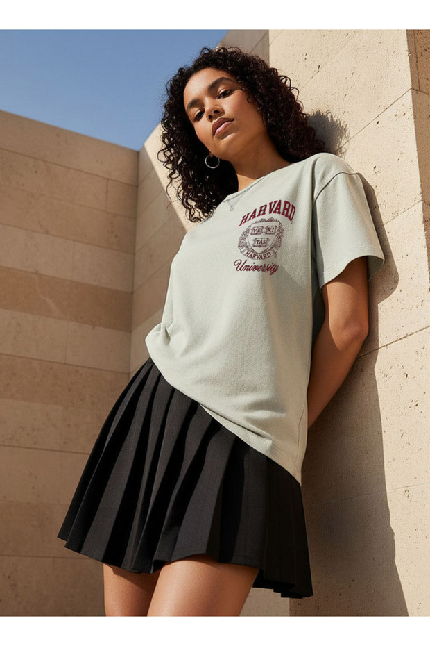 Oversized Cotton Washed T-shirt with Harvard University Embroidery