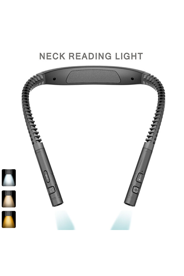 مصباح قراءة LED أسود للرقبة، بثلاثة ألوان وثلاثة مستويات سطوع، قابل لإعادة الشحن عبر منفذ USB.