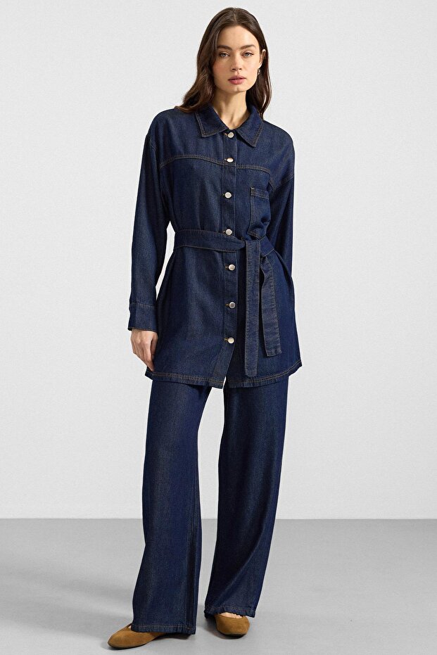 Metal Buttoned Soft Denim Jacket Trousers Dark Blue 9401-Tk