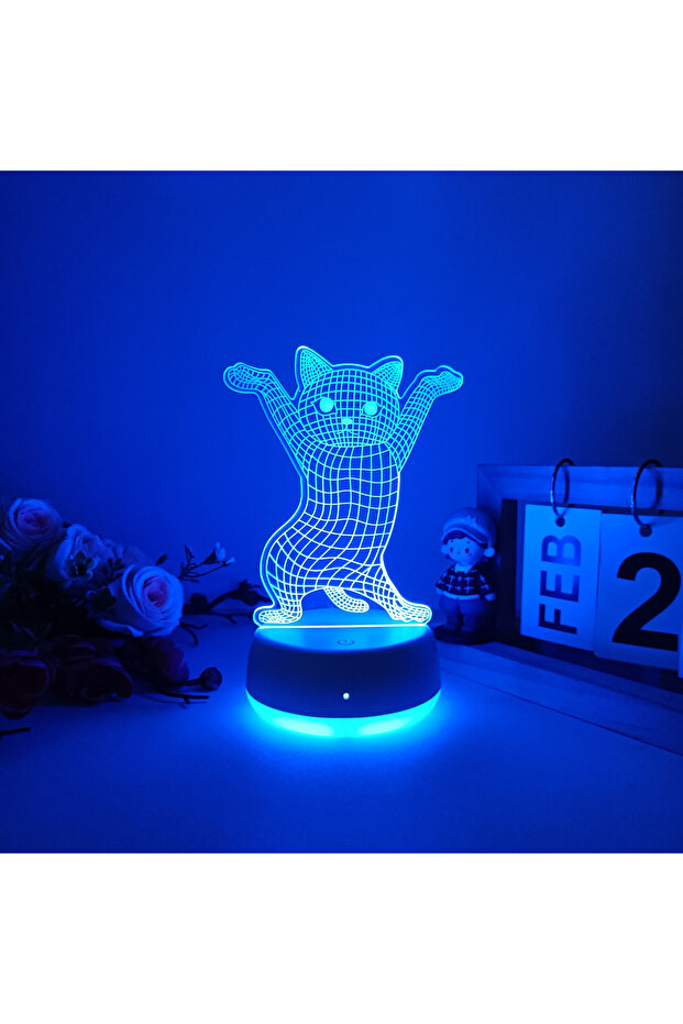 مصباح ليلي ثلاثي الأبعاد بتصميم قطة لطيفة مرفوعة على شكل يد، يعمل بمنفذ USB، بسبعة ألوان متدرجة.