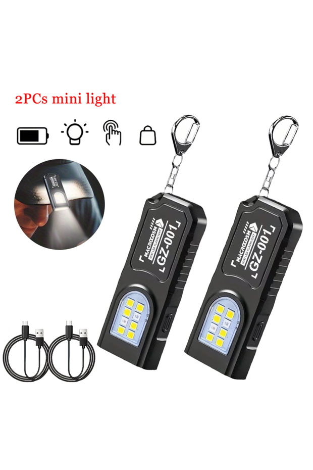 مصباحان صغيران قويان بتقنية COB LED، قابلان لإعادة الشحن عبر منفذ USB-C، مقاومان للماء، يُعلقان على سلسلة المفاتيح.