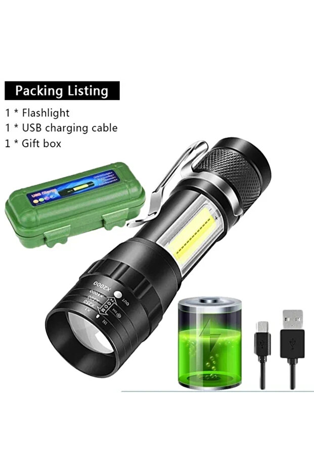 مصباح يدوي صغير محمول قابل للتكبير، قابل لإعادة الشحن عبر منفذ USB، مزود بعلبة، مصنوع من مادة COB+XPE، مع إمكانية تعديل زاوية الرؤية، مناسب للاستخدام الخارجي.