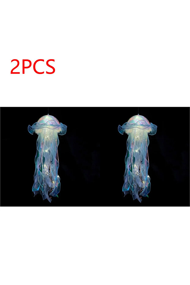 alloet 2PCS Blue Jellyfish Atmosphere Night Light Button Battery Hanging Ceiling Lantern with Ribbon