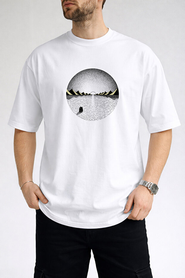 Men's Circular Form Mountain and Water Themed Crew Neck White T-Shirt