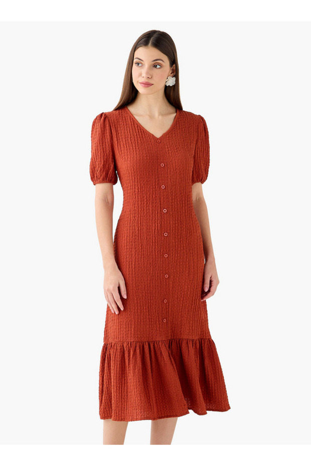 Textured Midi Shirt Dress with Puff Sleeves