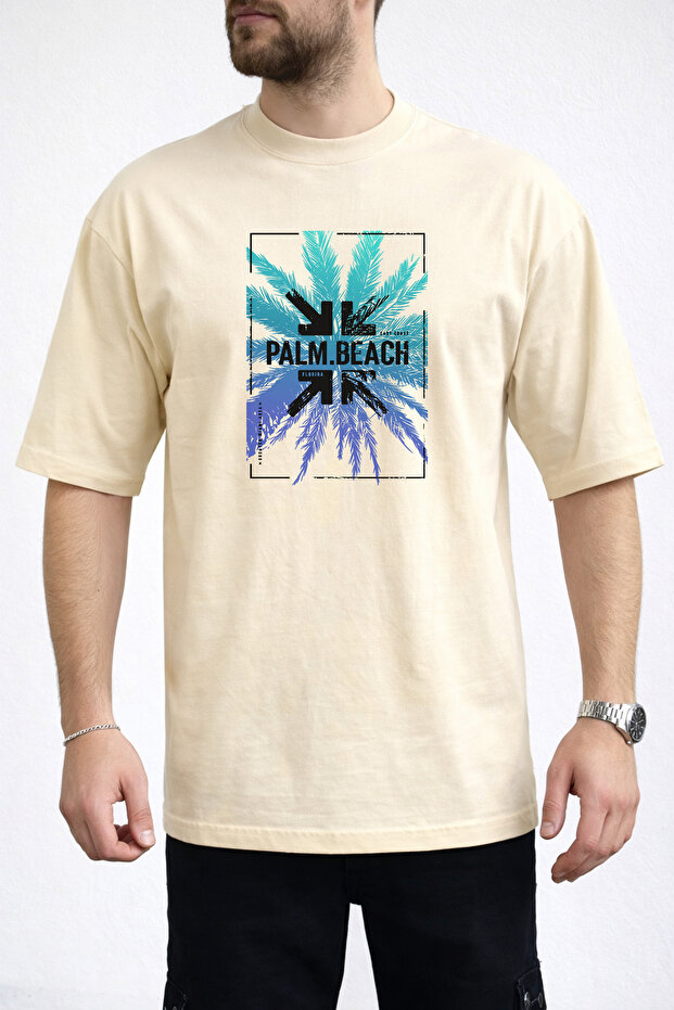 Men's Turquoise and Blue Palm Leaf Crew Neck Beige T-Shirt