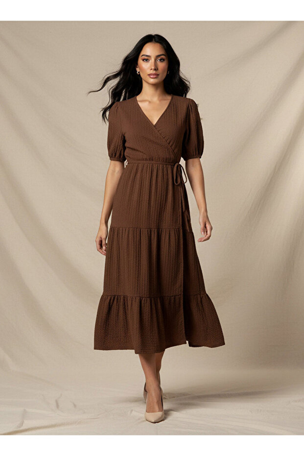 Midi Textured Tiered Dress with Short Puff Sleeves