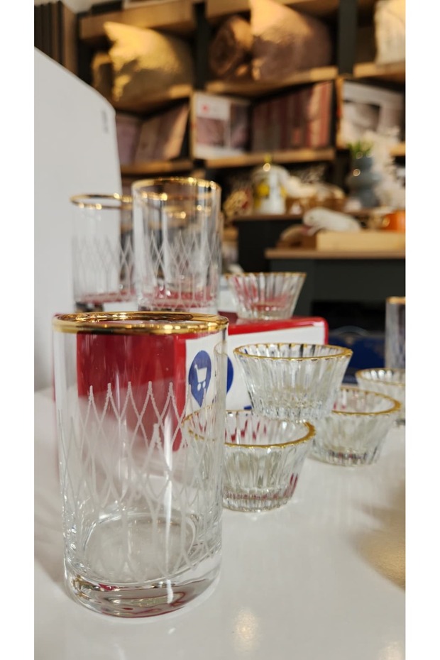 12-Piece Luxury Coffee Presentation Set - Gold Gilded Coffee Cup for 6 People and Mini Turkish Delight Bowl