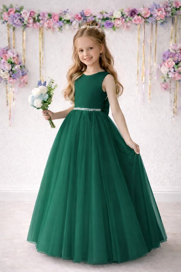 Girl's Emerald Green Tulle Ball Gown/Princess Dress with Pearls on the Waist and Satin Bow(S)