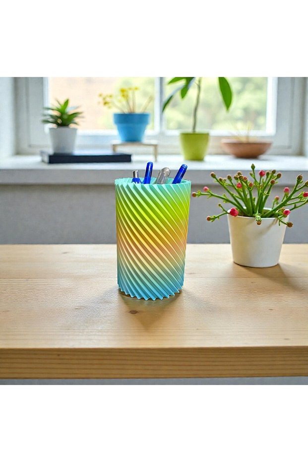 Rainbow Color Gradient Decorative Pen Holder – Modern Desktop Organizer (12X8 cm)