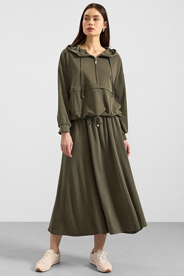 Hooded Lace Detailed Premium Fabric Sweat Skirt Set Khaki 9403-Tk