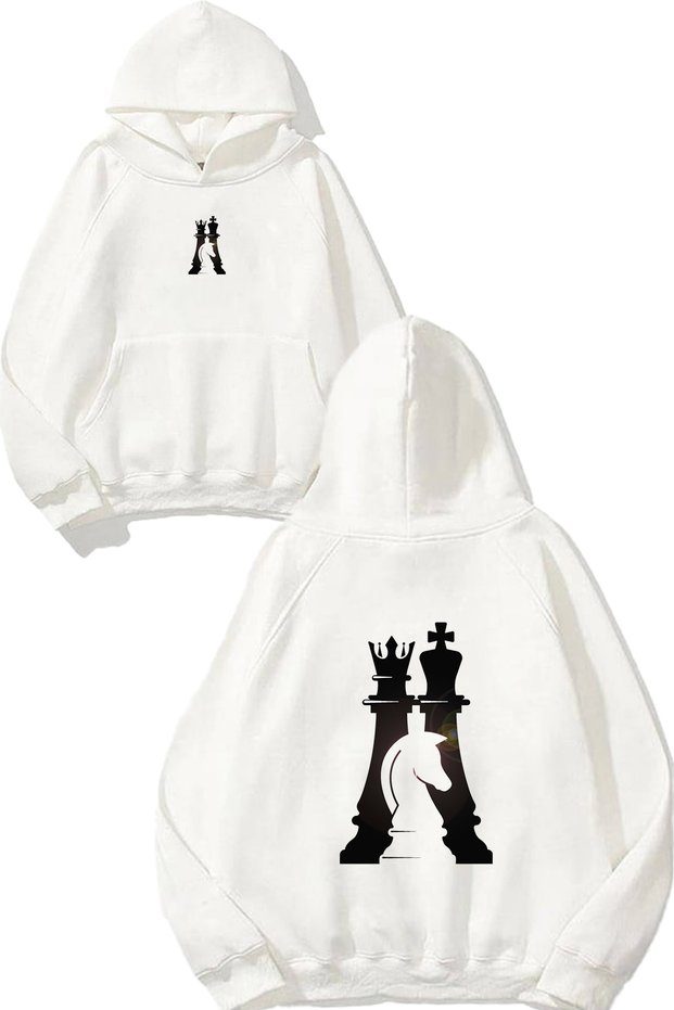 Chess 183 Design Printed Oversize White Hooded Sweatshirt