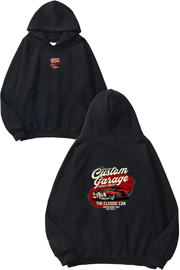 Garage Design Printed Oversize Black Hooded Sweatshirt