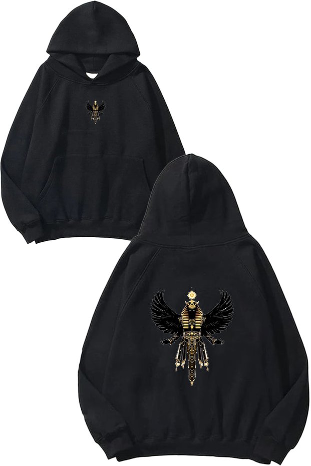 Egyptian God Design Printed Oversize Black Hooded Sweatshirt