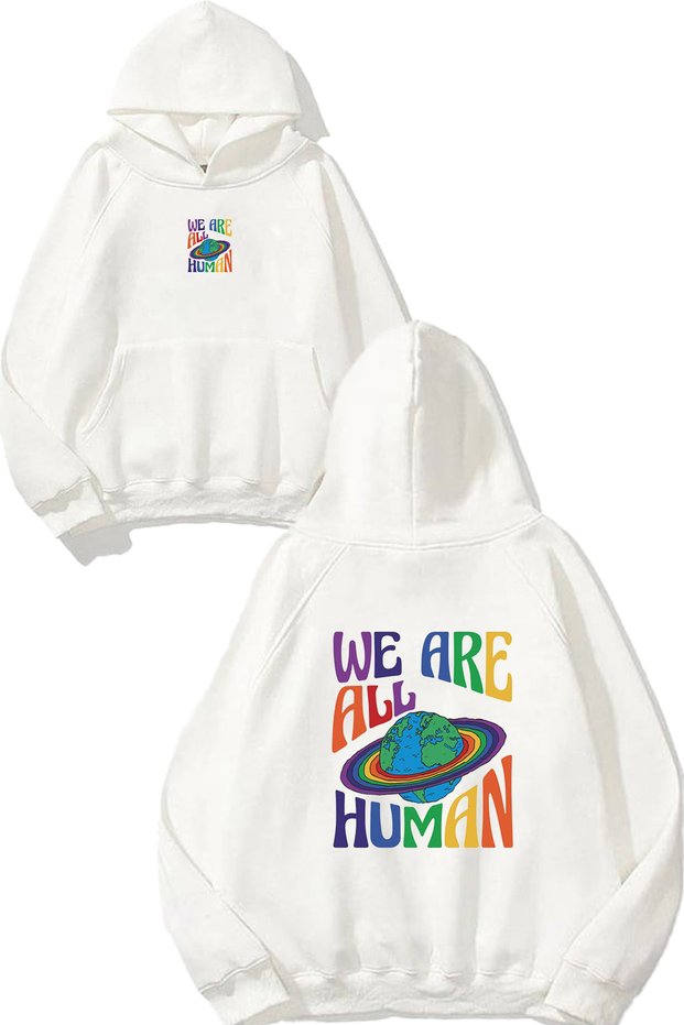 We Are Human Design Printed Oversize White Hooded Sweatshirt