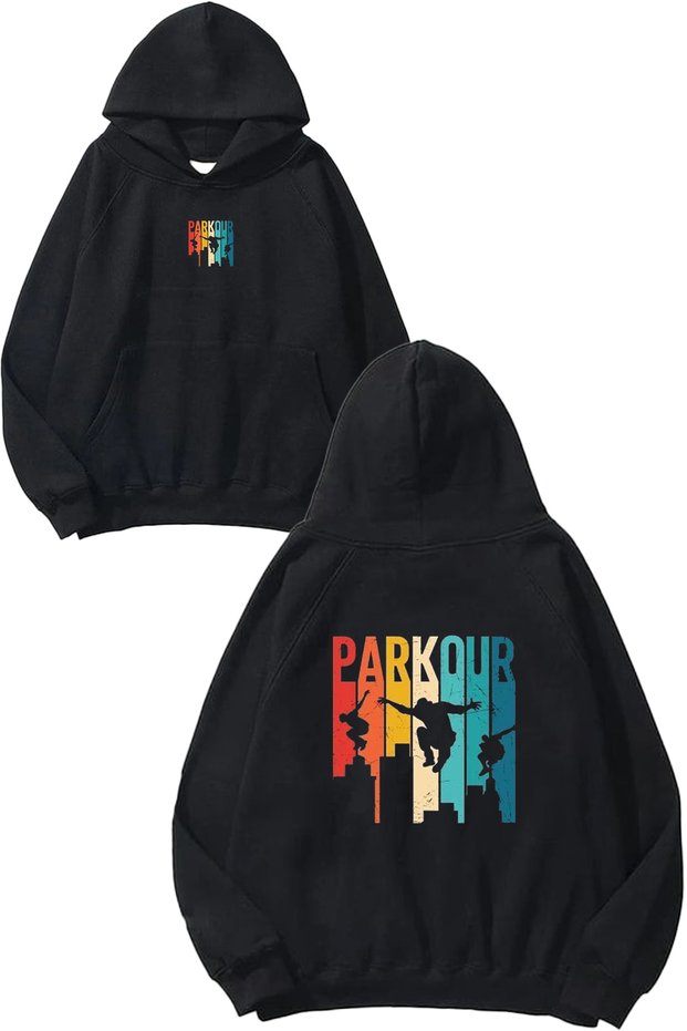 Parkour Design Printed Oversize Black Hooded Sweatshirt