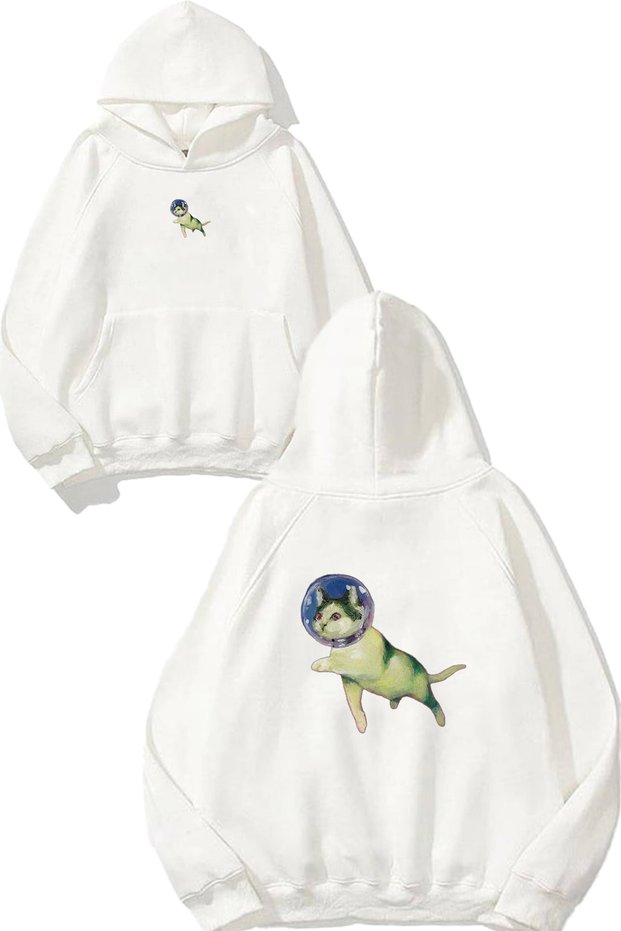Astronaut Cat Design Printed Oversize White Hooded Sweatshirt