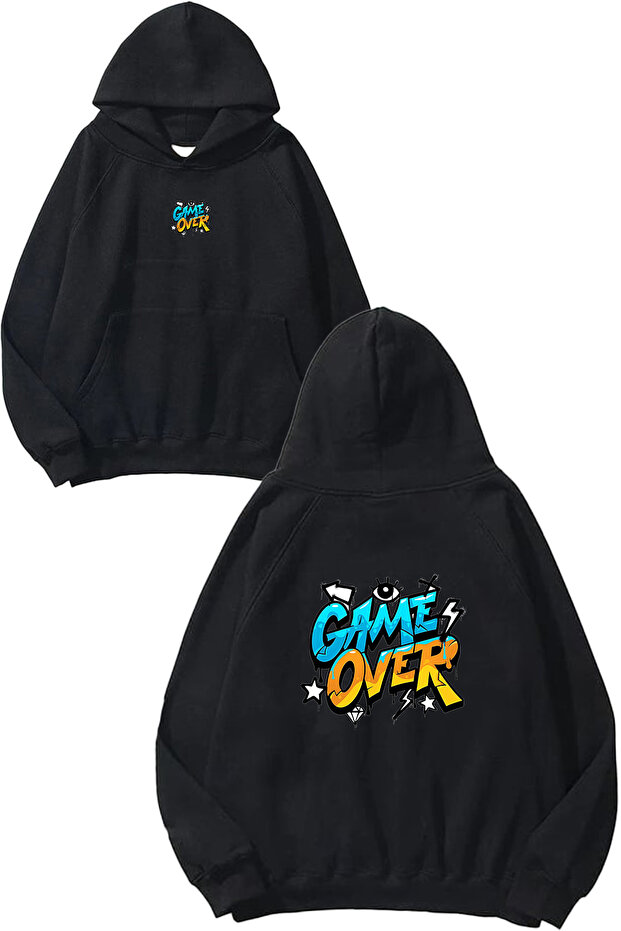 Game over Design Printed Oversize Black Hooded Sweatshirt