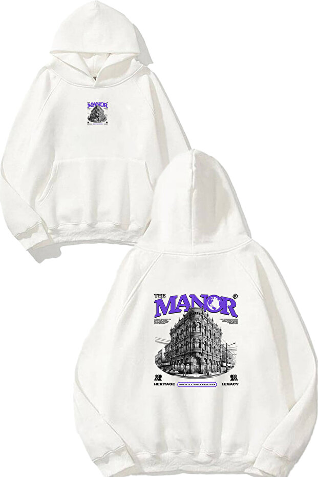 سويت شيرت أبيض كبير الحجم بطباعة تصميم The Manor ذو قلنسوة