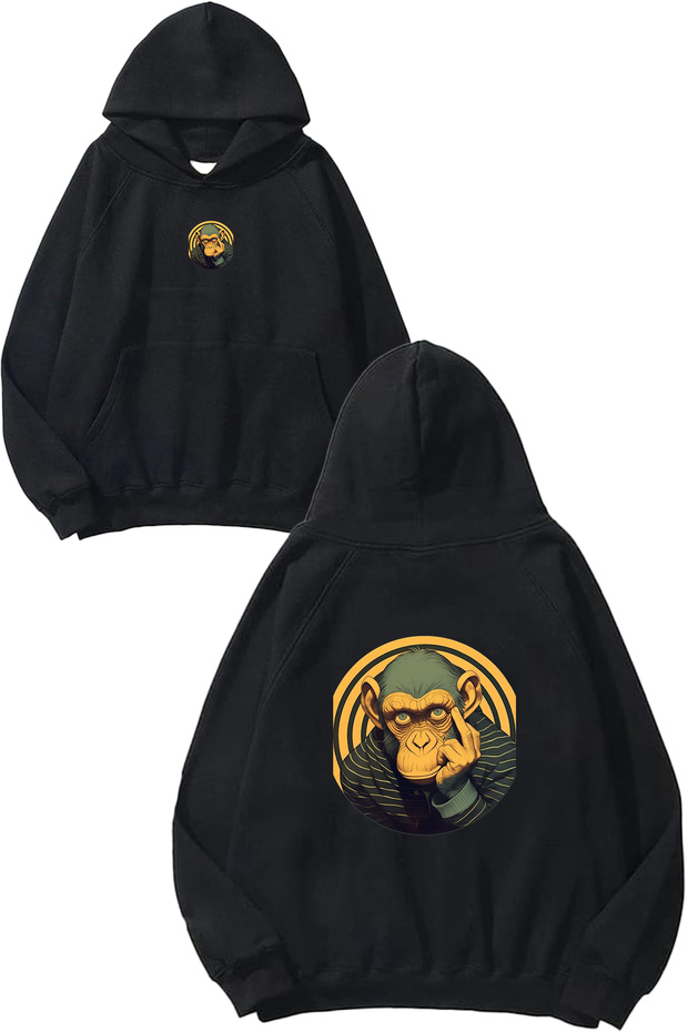 Thoughtful Monkey Design Printed Oversize Black Hooded Sweatshirt