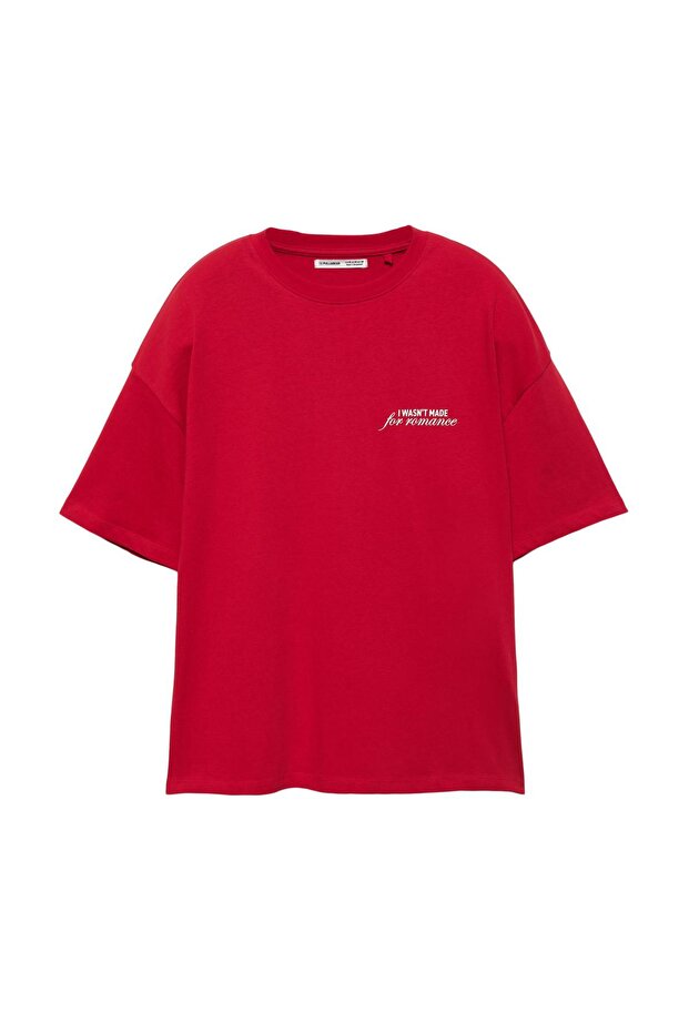 Kırmızı romantik grafik baskılı tişört - 3